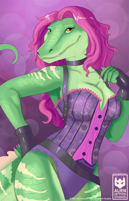 anthro arm_markings arm_stripes breasts choker claws cleavage clothed clothing colored_nails corset countershade_face countershade_torso countershading female finger_claws fingerless_gloves gloves green_body green_skin hair handwear jewelry leg_markings leg_stripes lingerie long_hair markings nails necklace pink_hair purple_clothing scale_markings scales simple_background snaggle_teeth snout solo striped_markings striped_tail stripes tail tail_markings topwear yellow_eyes ulariogryphon alligator alligatorid crocodilian reptile scalie hi_res