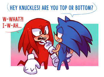 anthro blush bodily_fluids clothing confusion dialogue duo ellipsis embarrassed exclamation_point eye_contact gloves handwear interrobang looking_at_another male male/male poking question_mark smile standing sweat text arepakarma sega sonic_the_hedgehog_(series) knuckles_the_echidna sonic_the_hedgehog echidna eulipotyphlan hedgehog mammal monotreme english_text