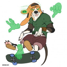 claws clothed clothed_feral clothing disembodied_hand feral floppy_ears fur ghost_hand glowing glowing_eyes long_ears male paws simple_background skateboard tail tongue tongue_out vehicle white_background narram basset_hound canid canine canis domestic_dog hunting_dog mammal scent_hound 1:1 hi_res