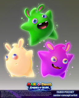 ambiguous_gender buckteeth copyright_symbol featureless_limbs furrowed_eyebrows glowing glowing_body gradient_background green_body green_skin grey_background group lidded_eyes light long_ears looking_at_another looking_at_viewer no_eyebrows noseless open_mouth open_smile purple_body purple_skin red_tongue short_arms short_legs simple_background smile smiling_at_viewer sparkles symbol tan_eyelids tan_inner_ear teeth text title tongue trio year yellow_body yellow_skin fabio_pochet mario_plus_rabbids_sparks_of_hope nintendo ubisoft decibel_(mario_plus_rabbids) drizzle_(mario_plus_rabbids) starburst_(mario_plus_rabbids) spark_(mario_plus_rabbids) 2023 4:5 absurd_res artist_name colored crossover digital_drawing_(artwork) digital_media_(artwork) english_description english_text hi_res lighting official_art shaded