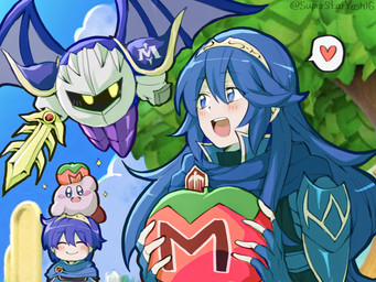 ambiguous_gender blue_eyes blue_hair blue_sky blush blush_lines day eye_contact female flying group hair heart_symbol holding_melee_weapon holding_object holding_sword holding_weapon looking_at_another male melee_weapon not_furry open_mouth open_smile outside pink_body plant sky smile sparkles sword tree weapon wings superstaryoshi6 fire_emblem fire_emblem_awakening fire_emblem_mystery_of_the_emblem kirby_(series) nintendo super_smash_bros. super_smash_bros._ultimate kirby lucina_(fire_emblem) marth_(fire_emblem) meta_knight human mammal waddling_head 2025 4:3 cel_shading digital_drawing_(artwork) digital_media_(artwork) hi_res procreate_(artwork) shaded signature