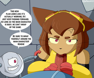 angry annoyed anthro cross-popping_vein dialogue duo fellatio female genitals machine male male/female oral penile penis sex sucking text inprogress gameoverse glitch_productions kaboodle_(gameoverse) kit_bodega felid feline mammal robot 6:5 absurd_res english_text hi_res