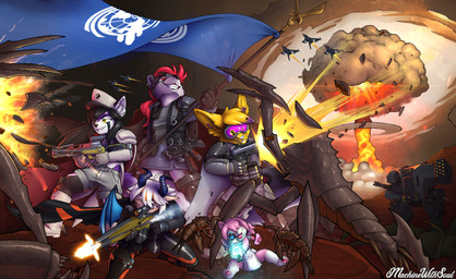 2_horns adolescent anthro armor back_wings battle biped black_hair black_markings black_nose black_spots blue_body blue_fur bottomwear bulge cape clothed clothing countershade_face countershade_torso countershading crouching diaper explosion eye_markings eyebrows female femboy feral flag flag_(object) fur furgonomic_hat furgonomic_headwear furgonomics grey_body grey_fur grin group gun hair holding_flag holding_gun holding_object holding_ranged_weapon holding_weapon horn long_hair male markings membrane_(anatomy) membranous_wings multicolored_body neonate outside pacifier pawpads pink_hair pink_nose pupils ranged_weapon red_eyes red_hair short_hair shorts sitting sitting_on_ground slit_pupils smile spots spotted_body tan_body tan_fur teeth two_tone_body weapon wearing_diaper white_body white_countershading white_fur white_hair wings young young_anthro young_female young_male machinewithsoul helldivers mythology little_fox_fiona yuuma_fujimori_(tsunderepanda) ailurid canid canine canis dragon felid fox jackal mammal mythological_creature mythological_scalie pantherine red_panda scalie snow_leopard terminid 2025 absurd_res hi_res