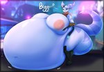 absurd_res after_vore anthro areola asaneman belly big_belly big_breasts big_butt blue_eyes breasts butt cybernetic_arm cybernetic_limb ear_piercing eyewear eyewear_on_head female female_pred fur goggles goggles_on_head hi_res huge_belly huge_breasts huge_butt hyper hyper_belly hyper_butt lombax mammal nipples piercing pink_areola pink_nipples ratchet_and_clank ring_piercing rivet_(ratchet_and_clank) solo sony_corporation sony_interactive_entertainment sound_effects stripes tail text vore