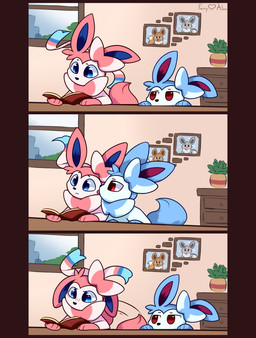 blush book cheek_lick daww drawer ears_down face_lick feral framed_picture kissing licking pivoted_ears plant plant_pot potted_plant reading three_frame_image tongue tongue_out fairylove777 nintendo pokemon alex_(fairylove777) eevee eeveelution generation_1_pokemon generation_6_pokemon pokemon_(species) shiny_pokemon sylveon absurd_res hi_res watermark female_(lore) male_(lore)