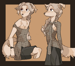 anthro black_eyes bottomwear braided_hair clock clothed clothed_female clothing female floppy_ears fully_clothed fully_clothed_female fur grey_hair hair shirt skirt slim_anthro slim_female solo tail topwear watch white_body white_fur wristwatch hhonchkrow234 canid canine canis domestic_dog hunting_dog mammal sighthound silken_windhound absurd_res hi_res