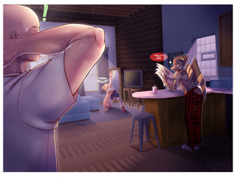 ankle_warmers anthro athletic athletic_anthro athletic_female athletic_male bald beverage blonde_hair blue_bottomwear blue_clothing blue_shorts bone_frill border bottomwear brown_body clothed clothed_anthro clothed_female clothed_human clothed_male clothing coffee coffee_mug day electronics exclamation_point female footwear frill_(anatomy) furgonomic_bottomwear furgonomics furniture group hair hand_behind_head head_turned holding_newspaper holding_object human_on_anthro inside interspecies kitchen leaning leaning_forward light long_tail looking_at_another male male/male markings medium_hair newspaper orange_body orange_eyes pants pattern_bottomwear pattern_clothing pattern_pants plaid plaid_bottomwear plaid_clothing plaid_pants pose shirt short_tail shorts smile sofa sparkles spiked_tail spikes spikes_(anatomy) standing stool stretching striped_markings stripes sunlight surprised tail talking_to_another tank_top television text toeless_footwear topless topless_anthro topless_male topwear trio white_border white_clothing white_shirt white_tank_top white_topwear window wings cdepraxis cavemanon_studios goodbye_volcano_high ko_op_(game_developer) snoot_game anon_(snoot_game) naomi_(gvh) naser_(gvh) dinosaur hadrosaurid human mammal ornithischian ornithopod parasaurolophus prehistoric_species pterosaur reptile scalie 2026 4:3 absurd_res artist_name colored dated digital_media_(artwork) english_text hi_res shaded