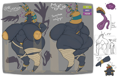 anthro armband back_rolls belly big_belly big_breasts big_butt black_body breasts butt clothing curvy_figure duo erection female female_anthro front_view fusion gold_panties huge_breasts huge_butt huge_thighs hyper hyper_tongue metal_pasties multiple_angles mummy_wrappings navel overweight overweight_anthro overweight_female panties pasties pokemon_fusion purple_tongue rear_view red_eyes solo text thick_thighs tongue underwear venus_figure voluptuous thesaimos nintendo pokemon myria_(thesaimos) cofagrigus generation_5_pokemon human hybrid mammal pokemon_(species) scolipede 2024 absurd_res artist_name character_name full-length_portrait hi_res model_sheet portrait three-quarter_portrait