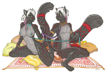 anthro black_body black_fur breasts collar dominant dominant_female dominant_male duo erection female front_view fur genitals harem harem_outfit intraspecies jewelry leash male male/female nipples nude penis pillow sex sex_slave short_story sitting slave submissive submissive_female submissive_male tail vulva iggi acmen-met ainoko felid hybrid mammal full-length_portrait portrait story story_in_description incest_(lore) sibling_(lore) twincest_(lore) twins_(lore)