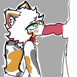 animal_genitalia animal_penis anthro bell blush blush_lines bodily_fluids canine_genitalia canine_penis collar duo fur genitals green_eyes male male/male oral oral_penetration penetration penis saliva saliva_string simple_background swallowing white_body white_fur young flawyz flaw_(flawyz) calico_cat domestic_cat felid feline felis mammal 1:1 absurd_res animated hi_res shaded simple_shading