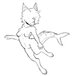 5_fingers anthro breasts digitigrade eyeless female fingers floating fluffy freckles fur fur_markings hair markings nipples paws shark_tail simple_background smile solo tail white_background vedacia ash_(veevobyte) canid canine canis fish hybrid mammal marine shark digital_media_(artwork) hi_res monochrome