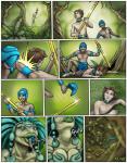 2011 amphibian anthro barefoot border breasts clothed clothing comic comic_sans english_text extreme_size_difference feet female fight frog fully_inside group gulp_(sound_effect) head_first human human_prey internal larger_anthro larger_pred lips male mammal markie melee_weapon neck_bulge oral_vore partially_inside polearm size_difference smaller_human staff swallowing text thick_lips vore weapon white_border