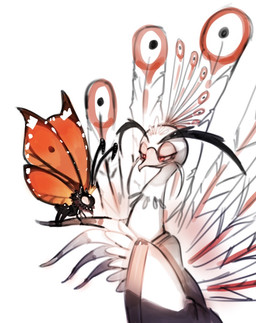 2_antennae 4_legs ambiguous_feral ambiguous_gender antennae_(anatomy) big_wings black_antennae black_body closed_smile clothed clothing crown duo elderly elderly_male eye_contact eyebrows eyespots feathers feral headgear insect_wings lepidopteran_wings long_eyebrows looking_at_another male male_feral markings mature_male monotone_background monotone_body mouth_closed multicolored_wings narrowed_eyes orange_wings red_eyes red_markings simple_background size_difference smile white_background white_body white_feathers white_wings wings jc7uhuneuoq7bnv disney dreamworks hoppers_(disney) kung_fu_panda pixar lord_shen titus_(hoppers) arthropod avian bird butterfly galliform insect lepidopteran monarch_butterfly peafowl phasianid crossover hi_res