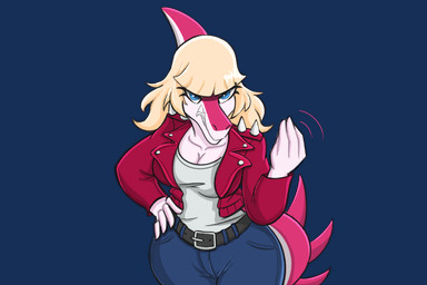 angry anthro belt biped blonde_hair blue_eyes bone_frill bottomwear breasts clenched_teeth clothed clothed_anthro clothed_female clothing denim denim_bottomwear denim_clothing female fingers frill_(anatomy) front_view hair hand_on_hip humanoid_hands jacket jeans long_hair looking_at_viewer medium_breasts motion_lines non-mammal_breasts open_clothing open_jacket open_topwear pants pink_body pose red_clothing red_jacket red_topwear shirt simple_background solo spiked_tail spikes spikes_(anatomy) standing tail teeth topwear transparent_background white_body white_clothing white_shirt white_topwear kaewhy cavemanon_studios i_wani_hug_that_gator mia_moretti dinosaur hadrosaurid ornithischian ornithopod parasaurolophus prehistoric_species reptile scalie 2026 3:2 alpha_channel half-length_portrait portrait