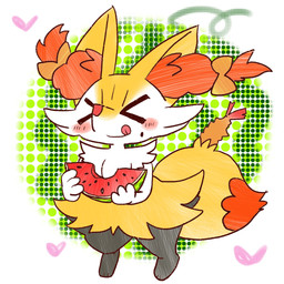 >_< accessory ambiguous_anthro ambiguous_gender anthro biped blush bow_ribbon closed_smile digitigrade eating eating_food eyes_closed food front_view fruit hair_accessory hair_bow hair_ribbon heart_symbol holding_food holding_fruit holding_melon holding_object holding_watermelon melon mouth_closed object_in_tail plant ribbons shrimp_(food) smile snout solo standing tail tongue tongue_out watermelon annyui0611 nintendo pokemon braixen canid generation_6_pokemon mammal pokemon_(species) 1:1 2022 digital_drawing_(artwork) digital_media_(artwork) full-length_portrait hi_res japanese_description portrait translated_description