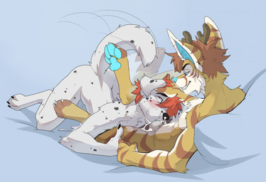 animal_genitalia anthro antlers blush bodily_fluids claws cum cum_in_mouth cum_in_nose cum_inside dominant dominant_male duo eye_contact finger_claws fur genital_fluids genitals hair horn knotting leg_around_head looking_at_another lying_and_blow_position male male/male nude nude_anthro nude_male oral oral_knotting oral_penetration pawpads paws penetration pillow sheath spots stripes submissive submissive_male tail tan_body tan_fur toe_claws white_body white_fur drmax thane tobu_(rangaricat) canid canine canis dalmatian domestic_dog fennec_fox fox mammal true_fox 2025 digital_media_(artwork) hi_res