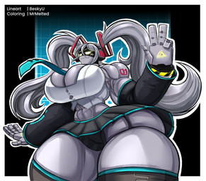 4_fingers big_breasts bottomwear breasts button_(fastener) camel_toe clothing cosplay female fingers gesture grey_body grey_hair hair hand_gesture machine muscular muscular_female muscular_robot not_furry skirt solo straining_buttons thick_thighs topwear v_sign besky_(artist) mrmelted glitch_productions murder_drones vocaloid yamaha_corporation hatsune_miku j_(murder_drones) robot 2024 absurd_res hi_res