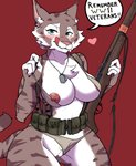 2019 4_fingers alternate_version_at_source anthro areola belly big_breasts blush bra breasts cheek_tuft chest_tuft claws clitoral_hood clothed clothing clothing_aside countershading dialogue digital_media_(artwork) dipstick_tail dog_tags english_text eyebrows eyelashes facial_tuft felid feline female fingerless_(marking) fingers fur genitals green_eyes gun heart_symbol holding_object holding_weapon josun looking_at_viewer lynx m1_garand mammal markings military mostly_nude multicolored_body multicolored_fur multicolored_tail nipple_slip nipples panties panties_aside portrait pussy ranged_weapon red_background rifle simple_background skimpy smile soldier solo speech_bubble standing striped_body striped_fur stripes tail tail_markings text thick_thighs three-quarter_portrait tongue tuft underwear underwear_aside warrior weapon white_body white_countershading zeha