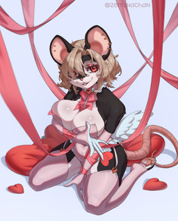 anthro arm_under_breasts armwear belly bent_arm big_breasts black_body black_ears black_fur blonde_hair bow_accessory breasts buckteeth chest_tuft cleavage clothed clothing countershade_face countershade_legs countershade_torso countershading curvy_figure decorated_bow depth_of_field ear_piercing ear_ring ear_stud elbow_gloves eyebrow_piercing eyebrow_ring eyeliner eyeshadow facial_piercing fake_wings feet female female_anthro frilly frilly_clothing fur garter_straps gloves gold_piercing hair hair_over_eye hairless_tail hand_between_legs handwear heart_bow heart_piercing heart_pillow high-angle_view highleg highleg_leotard hindpaw holidays huge_breasts legwear leotard lipgloss looking_at_viewer makeup medium_hair messy_hair mouse_tail multicolored_body multicolored_fur navel_outline pawpads paws piercing pillow pink_armwear pink_clothing pink_elbow_gloves pink_eyeshadow pink_gloves pink_handwear pink_legwear pink_leotard pink_stockings pink_thigh_highs reaching_towards_viewer red_eyes red_ribbon ribbons ring_piercing simple_background sitting smile solo stockings strapless_clothing strapless_leotard teeth text thick_thighs thigh_highs three-quarter_view tight_clothing tuft two_tone_body two_tone_fur wariza white_body white_countershading white_fur wide_hips zeminachan valentine's_day jill_(zeminachan) mammal mouse murid murine rodent 2026 absurd_res artist_name colored digital_drawing_(artwork) digital_media_(artwork) hi_res portrait shaded signature