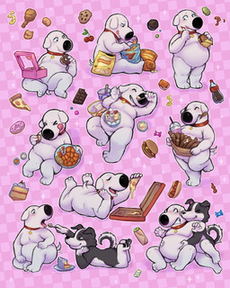 anthro belly_grab beverage_bottle bottle burger cake cake_slice candy cherry chips_(food) chocolate chocolate_bar churro collar container cookie dessert doughnut duo eating feeding food fruit geometric_background hot_dog ice_cream male male/male pastry pawpads pink_background pizza plant simple_background slightly_chubby slightly_chubby_anthro slightly_chubby_male soda_bottle anonpupb family_guy mr._pickles_(series) brian_griffin mr._pickles canid canine mammal hi_res multiple_images