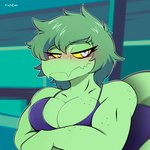 anthro blue_clothing blush breasts cleavage clothed clothing crossed_arms eyebrows fangs female freckled_arms freckled_breasts freckled_face freckles green_body green_eyebrows green_hair green_scales grey_eyes hair half-closed_eyes looking_at_viewer messy_hair narrowed_eyes non-mammal_breasts one-piece_swimsuit scales short_hair snout solo swimwear teeth yellow_sclera foxander cavemanon_studios i_wani_hug_that_gator olivia_halford baryonyx dinosaur prehistoric_species reptile scalie spinosaurid theropod 1:1 2024 digital_drawing_(artwork) digital_media_(artwork) hi_res