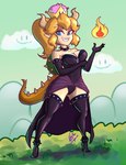 black_clothing black_dress blonde_hair blue_eyes clothing collar crown dress female hair headgear horn humanoid_pointy_ears pointy_ears shell smile solo spiked_collar spiked_shell spikes spikes_(anatomy) super_crown poderosoandrajoso bowsette_meme mario_bros nintendo bowser animal_humanoid humanoid koopa_humanoid scalie scalie_humanoid hi_res meme
