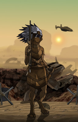 aircraft armored_vehicle assault_rifle athletic barefoot bodypaint cannon claws cyberpunk desert detailed_background digitigrade dirty dirty_feet dust facial_paint feathers feet gun hindpaw holding_assault_rifle holding_gun holding_knife holding_object holding_ranged_weapon holding_rifle holding_weapon ifv knife midriff military native native_american navel outside paws ranged_weapon rifle science_fiction scrapyard solo standing sun tank_(vehicle) tribal vehicle warpaint weapon aleone cheyenne animal_humanoid humanoid full-length_portrait portrait