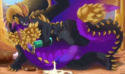 belly bodily_fluids detailed_background erection feral food genital_fluids genitals horn male overweight paws penis presenting sex_toy solo spikes spikes_(anatomy) blakezarks bzarks capcom monster_hunter mythology dragon elder_dragon hybrid mythological_creature mythological_scalie scalie absurd_res cel_shading full-length_portrait hi_res portrait shaded