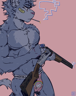 anthro bandage bandage_on_face blue_body blue_fur cigarette clothed clothing fur gun hand_scar holding_gun holding_object holding_ranged_weapon holding_weapon jockstrap jockstrap_only male muscular muscular_anthro muscular_male pink_clothing pink_jockstrap pink_underwear rainbow ranged_weapon scar shirtless_anthro shirtless_male shotgun smoking smoking_cigarette solo topless underwear underwear_only weapon yellow_eyes javacatdotio canid canine canis mammal wolf 2023 4:5 hi_res