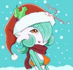 blue_eyes christmas_clothing christmas_headwear circle_eyebrows clothing eyebrows female hair hair_over_eye hat headgear headwear holidays holly_(plant) looking_at_viewer merry_christmas one_eye_obstructed orange_eyes plant santa_hat scarf snow snowing solo teal_hair text lavenderaraliya christmas nintendo pokemon lavy_(lavenderaraliya) gardevoir generation_3_pokemon humanoid pokemon_(species) 2017 english_text