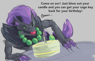 ambiguous_gender anthro ball_gag birthday_cake birthday_candle cake candle dessert dialogue duo earning_chastity_removal food fur gag green_eyes grey_body grey_fur growling male offscreen_dominant orgasm_denial purple_body purple_fur submissive submissive_anthro submissive_male teasing text dddiago nintendo pokemon zora_(zorarceus) generation_5_pokemon pokemon_(species) zoroark 2025 digital_drawing_(artwork) digital_media_(artwork) english_description english_text hi_res
