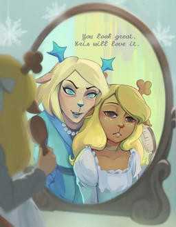 anthro blonde_hair blue_clothing blue_eyes blue_jacket blue_lips blue_topwear brown_eyes clothing deer_antlers dress duo female female/female freckles gem hair jacket jewelry lifeless_eyes lips mind_break mirror mirror_reflection necklace pearl_(gem) pearl_necklace reflection text topwear white_clothing white_dress lessno deltarune undertale_(series) carol_holiday noelle_holiday deer mammal english_text hi_res