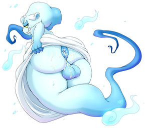 after_sex anthro anus backsack balls big_butt black_nose blue_anus blue_eyes bodily_fluids butt clothing cum fur genital_fluids genitals half-closed_eyes horn looking_at_viewer looking_back male narrowed_eyes presenting presenting_hindquarters puffy_anus simple_background smile solo thick_thighs xingscourge kai_the_cervine_ghost deer ghost mammal spirit hi_res