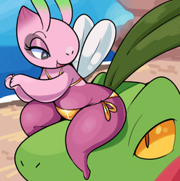 ambiguous_gender antennae_(anatomy) anthro beach bikini bottom_heavy clothing detailed_background duo eyelashes female female/ambiguous flat_chested gold_bikini gold_bikini_bottom gold_bikini_top grey_eyes half-closed_eyes hands_together huge_hips insect_wings leaf leaf_hair looking_down looking_down_at_another narrowed_eyes open_mouth open_smile orange_eyes pink_body plant plant_hair pseudo_hair sea shortstack shortstack_female shortstack_humanoid sitting sitting_on_another sitting_on_nose smile snout swimwear thick_eyelashes two-piece_swimsuit water wide_hips wings yellow_sclera goopyarts golden_week nintendo pokemon pokemon_mystery_dungeon spike_chunsoft grovyle_the_thief shiny_celebi_(eotds) celebi generation_2_pokemon generation_3_pokemon grovyle humanoid legendary_pokemon pokemon_(species) shiny_pokemon 2026 absurd_res hi_res male_(lore)