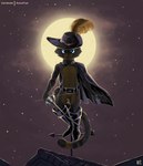 anthro black_body black_fur boots cape claws clothing feathers footwear fur hat headgear headwear light male melee_weapon moon moonlight musketeer night rooftop shoes solo star sword tail weapon katxfish dreamworks puss_in_boots_(franchise) cheetah felid feline mammal absurd_res hi_res