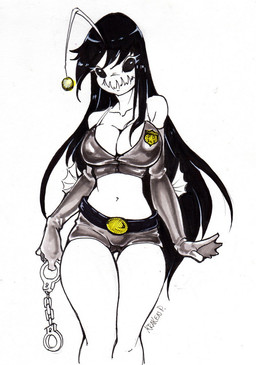 badge belt black_hair bottomwear breasts cleavage clothed clothing cuff_(restraint) eyelashes female fin hair handcuffs hotpants lock long_hair looking_at_viewer lure_(anatomy) metal_cuffs navel non-mammal_breasts not_furry partially_clothed police police_uniform restraints shackles shorts simple_background solo text uniform white_background krakenparty inktober anglerfish aquatic fish 2017 english_text hi_res portrait signature traditional_media_(artwork)