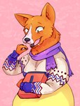 2015 bodily_fluids bojack_horseman candy canid canine canis chocolate dessert domestic_dog drooling ears_up eyebrows female food fur herding_dog looking_at_object mammal netflix open_mouth orange_body orange_fur pastoral_dog pink_background psibunny raised_eyebrows saliva scarf simple_background solo standing welsh_corgi