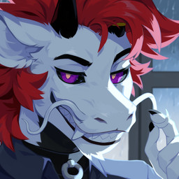 anthro barbel_(anatomy) black_collar black_horn black_sclera blue_clothing blue_jacket blue_topwear blurred_background clothed clothing collar detailed_background flesh_whiskers front_view fur glistening glistening_eyes hair horn inside jacket looking_at_viewer male narrowed_eyes orange_pupils pupils purple_eyes raining red_hair solo topwear white_body white_fur window corzh77 mythology dragon furred_dragon furred_scalie mythological_creature mythological_scalie scalie 1:1 bust_portrait detailed hi_res icon portrait