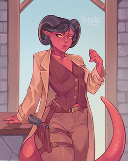 belt black_hair breasts clothing collarbone eyebrows eyelashes female furniture gun gun_holster hair horn humanoid_pointy_ears not_furry pointy_ears ranged_weapon red_body red_skin solo table tail weapon yellow_eyes yellow_sclera yarukochan horned_humanoid humanoid tailed_humanoid 2026 absurd_res hi_res