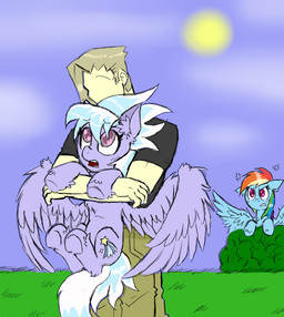angry blue_body blue_feathers blue_fur clothing cutie_mark faceless feathered_wings feathers female feral frown fur grass group hair hiding hug long_hair male multicolored_hair open_mouth outside plant purple_eyes rainbow_hair shrub sky sun teeth tongue two_tone_hair wings ichibangravity friendship_is_magic hasbro my_little_pony mythology cloud_chaser_(mlp) rainbow_dash_(mlp) equid equine human mammal mythological_creature mythological_equine pegasus