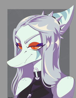 amber_eyes anthro black_clothing black_topwear blue_body blue_scales bone bone_frill clothed clothed_anthro clothed_female clothing collar female female_anthro frill_(anatomy) front_view grey_background grey_hair hair half-closed_eyes jewelry long_hair looking_at_viewer markings narrowed_eyes necklace scales simple_background skull smile smirk solo spiked_collar spikes striped_markings stripes text topwear louiss. goodbye_volcano_high ko_op_(game_developer) fang_(gvh) prehistoric_species pterosaur reptile scalie 2025 artist_name bust_portrait colored digital_media_(artwork) hi_res portrait shaded spanish_description