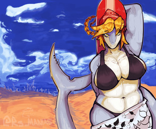 abstract_background accessory anthro beach big_breasts big_tail bikini black_bikini black_clothing black_swimwear blonde_hair blue_sky bodily_fluids braided_hair breasts clothed clothing curvy_figure day eyelashes female fin front_view furgonomic_piercing furgonomics glistening glistening_body glistening_scales glistening_tail grey_body grey_scales hair hand_behind_head huge_breasts jewelry kerchief long_tail looking_at_viewer multicolored_body multicolored_scales navel outside piercing ring_piercing sarong scales sea seaside side_boob skimpy skimpy_bikini sky snout solo surfboard sweat sweatdrop swimwear tail tail_accessory tail_fin tail_jewelry tail_piercing tail_ring_(piercing) text thick_thighs two-piece_swimsuit two_tone_body two_tone_scales voluptuous voluptuous_anthro voluptuous_female water white_body white_scales yellow_eyes rsmania5 cavemanon_studios volcaldera_ashfall coral_(volcaldera_ashfall) aquatic fish mackerel_shark shark thresher_shark 2026 absurd_res artist_name digital_drawing_(artwork) digital_media_(artwork) hi_res watermark