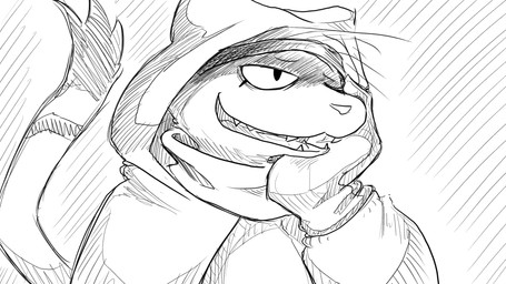anthro bandanna_on_forehead cloak clothing female head_on_hand muffler relieved solo dragonweirdo tula_(dragonweirdo) domestic_ferret mammal mustelid musteline true_musteline weasel 16:9 hi_res monochrome widescreen