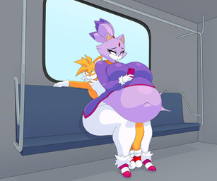 anthro belly big_belly big_breasts big_butt bodily_fluids breasts butt cellphone cum cum_inflation cum_inside duo electronics female genital_fluids huge_breasts inflation inside_train larger_female male male/female on_lap on_phone phone public public_sex sex sitting_on_another sitting_on_lap size_difference smaller_male swelling thick_thighs cytrusawa sega sonic_the_hedgehog_(series) blaze_the_cat miles_prower canid canine domestic_cat felid feline felis fox mammal 2025 absurd_res hi_res