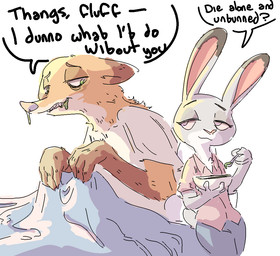 anthro bedding blanket dialogue dipstick_ears duo ear_markings female food fur gloves_(marking) green_eyes grey_body grey_fur holding_food holding_object ill larger_male light looking_at_another male markings multicolored_ears orange_body orange_fur size_difference smaller_female speech_bubble text white_body white_fur nobby_(artist) disney zootopia judy_hopps nick_wilde canid canine fox lagomorph leporid mammal rabbit red_fox true_fox aliasing binary_drawing digital_drawing_(artwork) digital_media_(artwork) english_text lighting