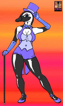 4_fingers anthro armwear beak bedroom_eyes black_beak black_body black_feathers black_tie_(suit) blue_bow_tie blue_clothing blue_eyes blue_footwear blue_gloves blue_handwear blue_hat blue_headwear blue_high_heels blue_shoes blue_unitard bow_tie breasts button_(fastener) camel_toe cane cleavage cleavage_cutout closed_smile clothed clothing costume crossdressing crossdressing_male cutout dance_shoes dancewear elbow_gloves feathers female femboy fingers footwear fursuit gloves handwear hat headgear headwear high_heels holding_cane holding_object legwear looking_at_viewer male markings mouth_closed narrowed_eyes pantyhose seductive seductive_mouth shoes smile solo sparkles sparkling_clothing sparkling_footwear sparkling_shoes suit tap_shoes tipping_hat unitard white_body white_feathers white_markings zipper foxpawmcfly african_penguin avian banded_penguin bird penguin hi_res