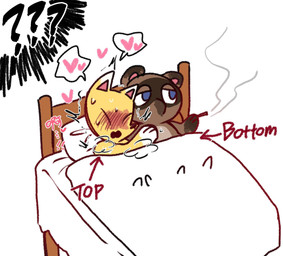 anthro bed blue_eyes blush brown_body brown_fur cigarette duo fur furniture male male/male orange_body orange_fur smoking shandrawaka animal_crossing nintendo crazy_redd tom_nook_(animal_crossing) canid canine fox mammal raccoon_dog tanuki hi_res