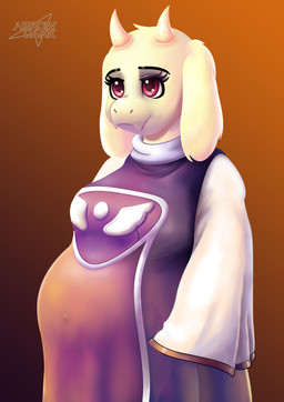 anthro belly big_belly breasts brown_background clothed clothed_anthro clothed_female clothing female front_view fur gradient_background horn logo medium_breasts pregnant pregnant_anthro pregnant_female purple_clothing purple_robe red_eyes robe simple_background smile solo standing text three-quarter_view white_body white_fur arrowdark undertale_(series) toriel boss_monster_(undertale) bovid caprine goat mammal absurd_res artist_logo artist_name colored half-length_portrait hi_res portrait shaded