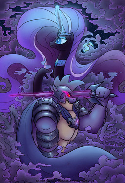 armor blue_eyes corruption duo female green_eyes horn male melee_weapon sword weapon celestiathegreatest friendship_is_magic hasbro idw_publishing my_little_pony my_little_pony_(idw) mythology nightmare_rarity_(idw) spike_(mlp) dragon equid equine mammal mythological_creature mythological_equine mythological_scalie scalie unicorn hi_res