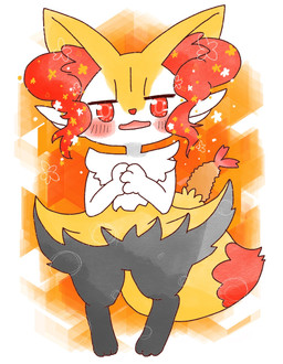 ambiguous_anthro ambiguous_gender anthro biped blush digitigrade featureless_crotch fluffy fluffy_tail food front_view hair_down hands_together looking_at_viewer object_in_tail open_:3 open_mouth open_smile shrimp_(food) smile solo standing tail annyui0611 nintendo pokemon braixen canid generation_6_pokemon mammal pokemon_(species) 2022 digital_drawing_(artwork) digital_media_(artwork) full-length_portrait hi_res japanese_description portrait translated_description